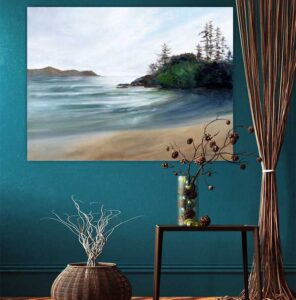 Marie Neys artist shoreline landscape displayed on wall